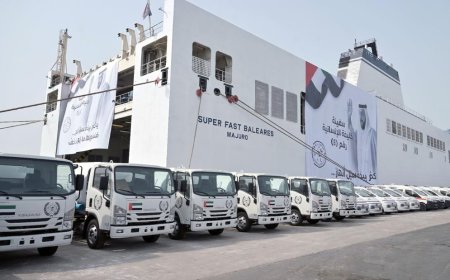 യുഎഇ സഹായ കപ്പൽ 'ഖലീഫ' 7,166 ടൺ അവശ്യവസ്തുക്കളുമായി ഗാസയിലേക്ക് പുറപ്പെട്ടു.