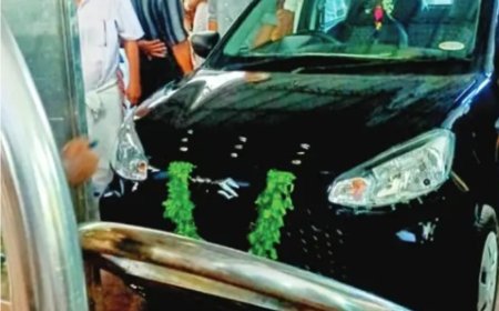 ഗുരുവായൂരിൽ പൂജിക്കാൻ കൊണ്ടുവന്ന കാർ സ്റ്റീൽ കവാടം ഇടിച്ചു തകർത്തു.