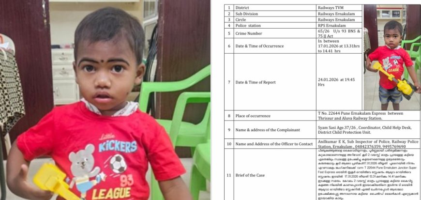 രണ്ട് വയസുകാരനെ ട്രെയിനിൽ ഉപേക്ഷിച്ച നിലയിൽ കണ്ടെത്തി. പൂനെ-എറണാകുളം എക്‌സ്പ്രസിലാണ് കുട്ടിയെ ഉപേക്ഷിച്ചത്.