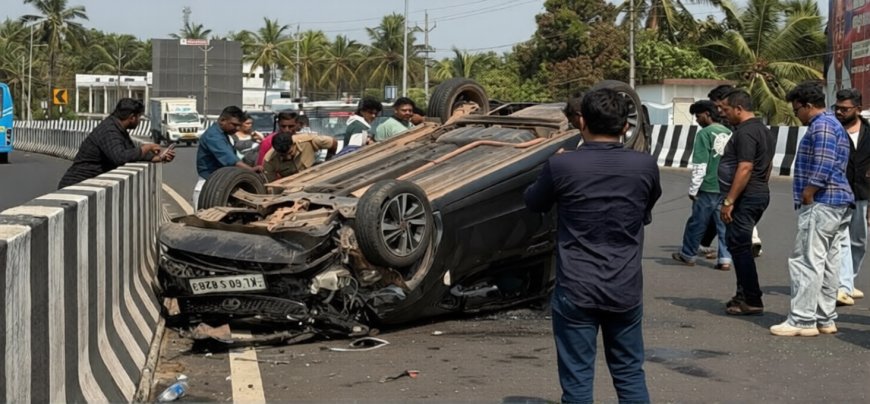 നീലേശ്വരം മേൽപാലത്തിൽ കാർ തല കീഴായി മറിഞ്ഞു; മൂന്ന് പേർക്ക് പരിക്ക്