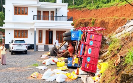 പെരിയ മൂന്നാംകടവിൽ തുടർച്ചയായ രണ്ടാം ദിവസവും അപകടം; ലോറി വീടിന്റെ മുറ്റത്തേക്ക് മറിഞ്ഞു, ഡ്രൈവർക്ക് ഗുരുതര പരിക്ക്